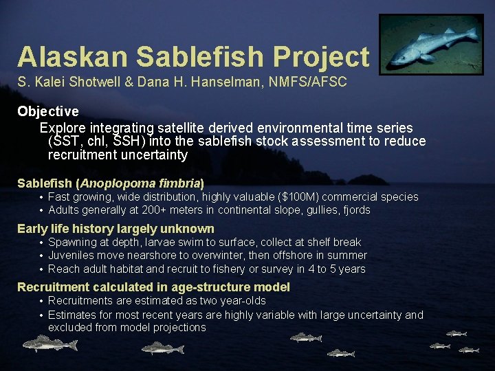 Alaskan Sablefish Project S. Kalei Shotwell & Dana H. Hanselman, NMFS/AFSC Objective Explore integrating