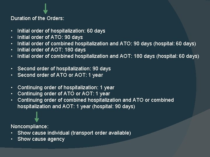 Duration of the Orders: • • • Initial order of hospitalization: 60 days Initial