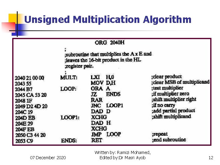 Unsigned Multiplication Algorithm 07 December 2020 Written by: Ramizi Mohamed, Edited by: Dr Masri
