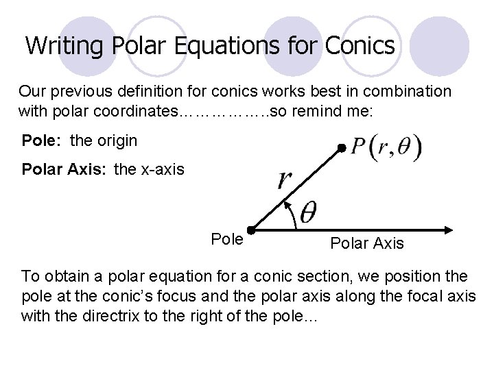 Writing Polar Equations for Conics Our previous definition for conics works best in combination