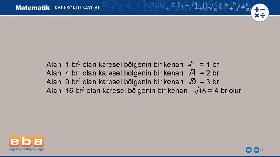 KAREKÖKLÜ SAYILAR √ Alanı 1 br 2 olan karesel bölgenin bir kenarı 1 =