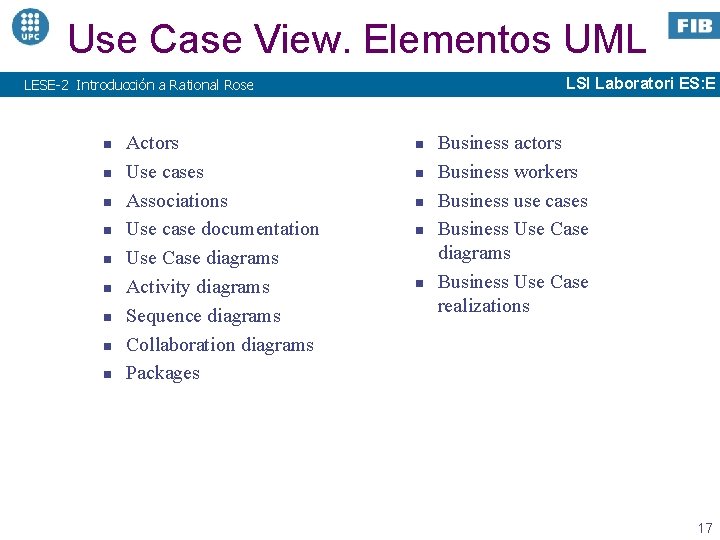 Use Case View. Elementos UML LSI Laboratori ES: E LESE-2 Introducción a Rational Rose