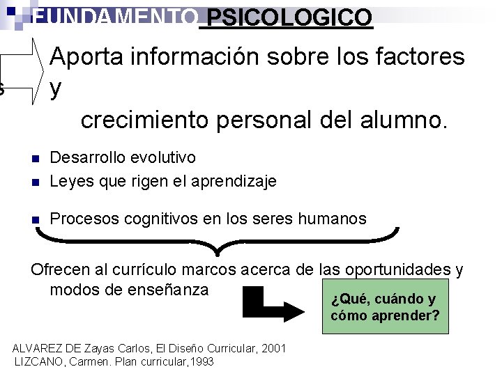 FUNDAMENTO PSICOLOGICO Aporta información sobre los factores y crecimiento personal del alumno. s n