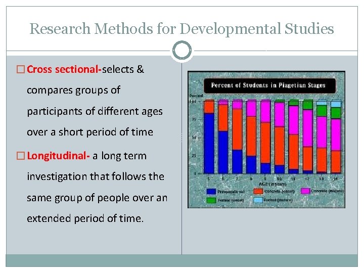 Research Methods for Developmental Studies � Cross sectional-selects & compares groups of participants of