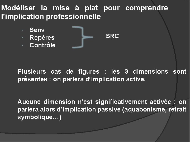 Modéliser la mise à plat pour comprendre l’implication professionnelle Sens Repères Contrôle SRC Plusieurs