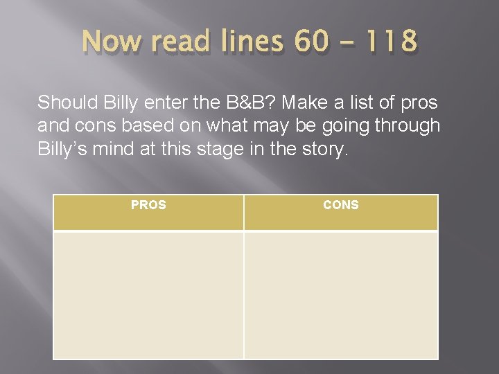 Now read lines 60 - 118 Should Billy enter the B&B? Make a list