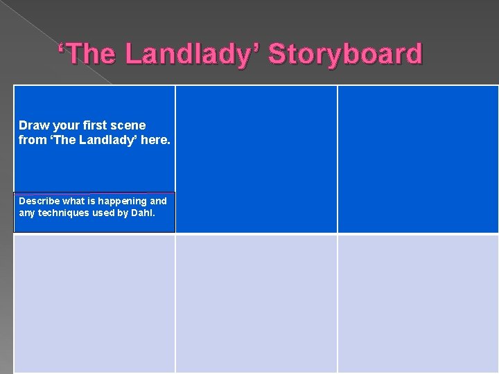 ‘The Landlady’ Storyboard Draw your first scene from ‘The Landlady’ here. Describe what is