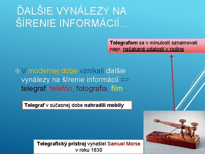 ĎALŠIE VYNÁLEZY NA ŠÍRENIE INFORMÁCIÍ. . . Telegrafom sa v minulosti oznamovali napr. nečakané