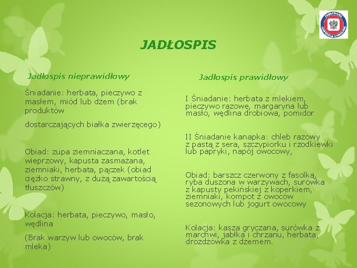 JADŁOSPIS Jadłospis nieprawidłowy Śniadanie: herbata, pieczywo z masłem, miód lub dżem (brak produktów Jadłospis