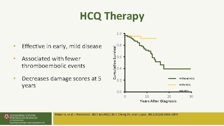 HCQ Therapy • Effective in early, mild disease • Associated with fewer thromboembolic events HCQ Therapy • Effective in early, mild disease • Associated with fewer thromboembolic events