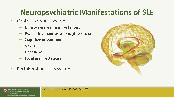 Neuropsychiatric Manifestations of SLE • Central nervous system – – – Diffuse cerebral manifestations Neuropsychiatric Manifestations of SLE • Central nervous system – – – Diffuse cerebral manifestations