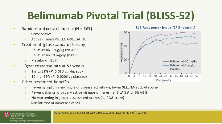 Belimumab Pivotal Trial (BLISS-52) • Randomized controlled trial (N = 865) o o • Belimumab Pivotal Trial (BLISS-52) • Randomized controlled trial (N = 865) o o •