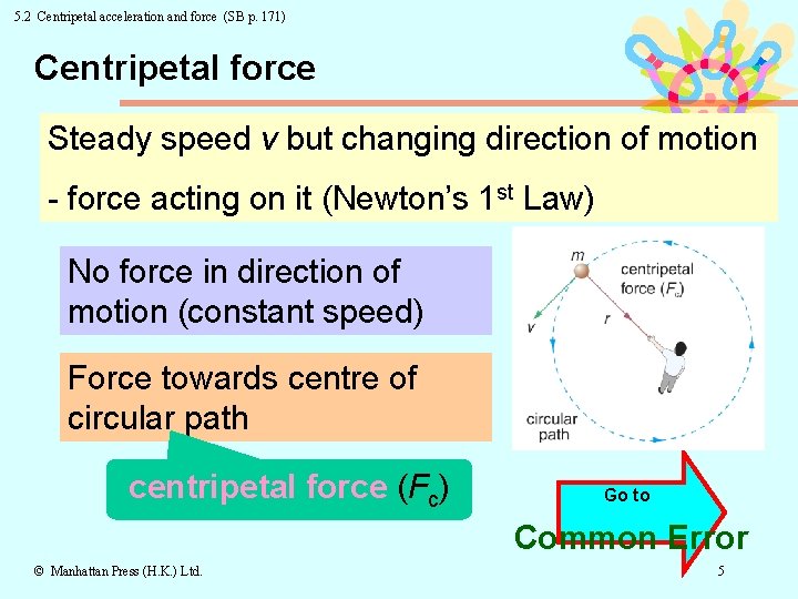 5. 2 Centripetal acceleration and force (SB p. 171) Centripetal force Steady speed v