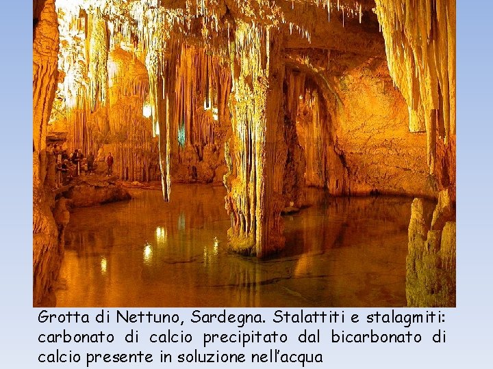 Grotta di Nettuno, Sardegna. Stalattiti e stalagmiti: carbonato di calcio precipitato dal bicarbonato di