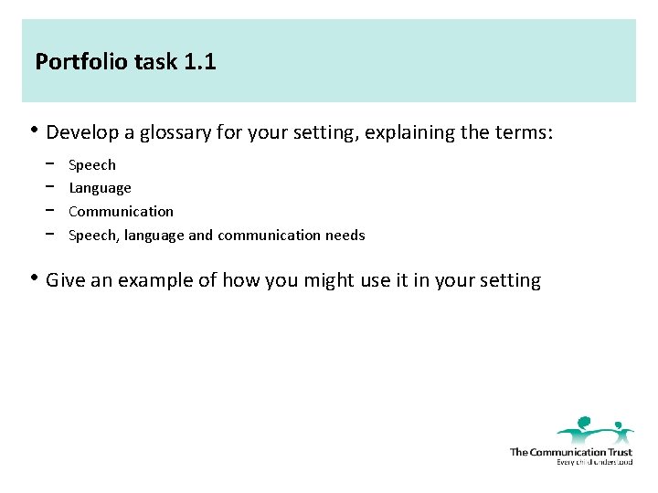 Portfolio task 1. 1 • Develop a glossary for your setting, explaining the terms: