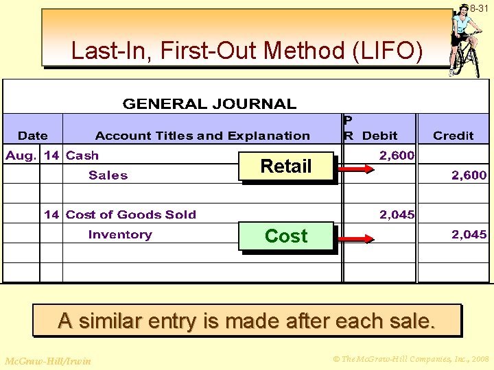 8 -31 Last-In, First-Out Method (LIFO) Retail Cost A similar entry is made after