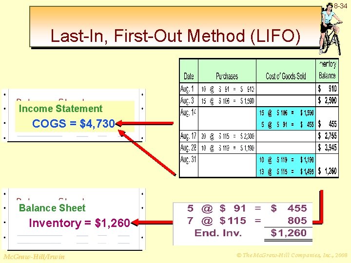 8 -34 Last-In, First-Out Method (LIFO) Income Statement COGS = $4, 730 Balance Sheet