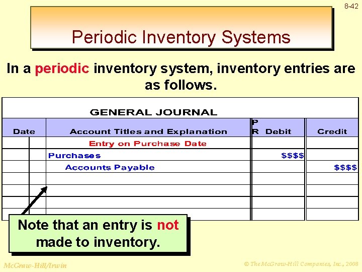 8 -42 Periodic Inventory Systems In a periodic inventory system, inventory entries are as