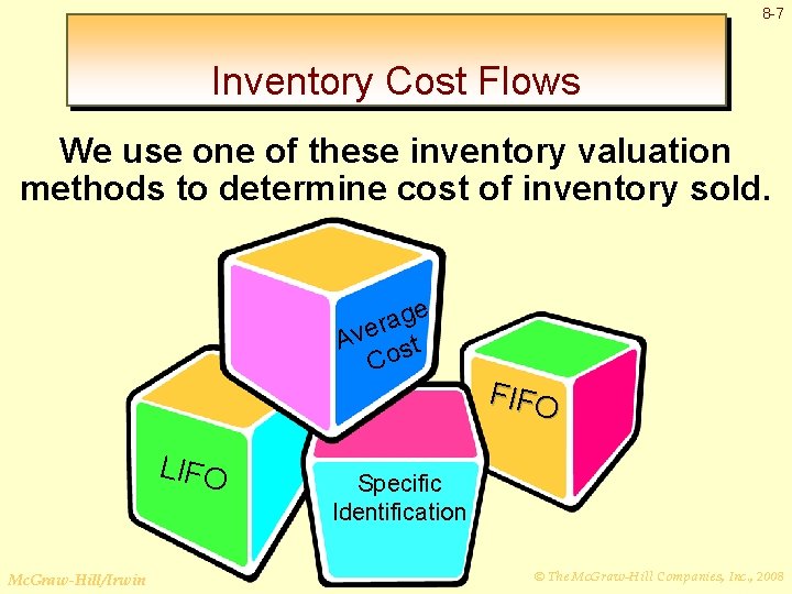 8 -7 Inventory Cost Flows We use one of these inventory valuation methods to