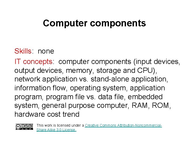 Computer components Skills: none IT concepts: computer components (input devices, output devices, memory, storage