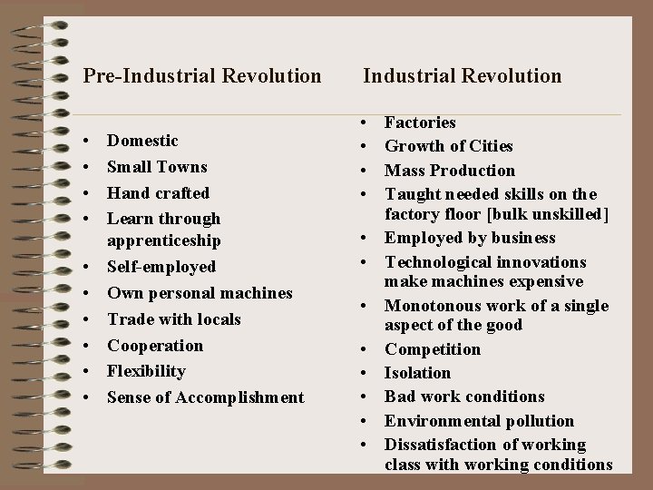 Pre-Industrial Revolution • • • Domestic Small Towns Hand crafted Learn through apprenticeship Self-employed