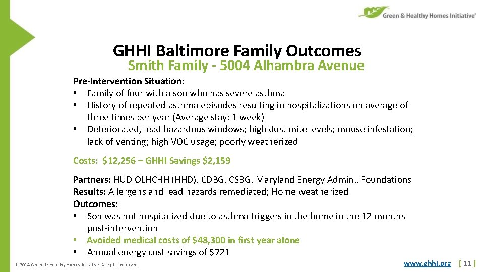 GHHI Baltimore Family Outcomes Smith Family - 5004 Alhambra Avenue Pre-Intervention Situation: • Family