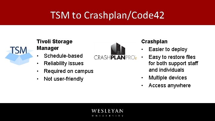 TSM to Crashplan/Code 42 Tivoli Storage Manager • Schedule-based • Reliability issues • Required TSM to Crashplan/Code 42 Tivoli Storage Manager • Schedule-based • Reliability issues • Required