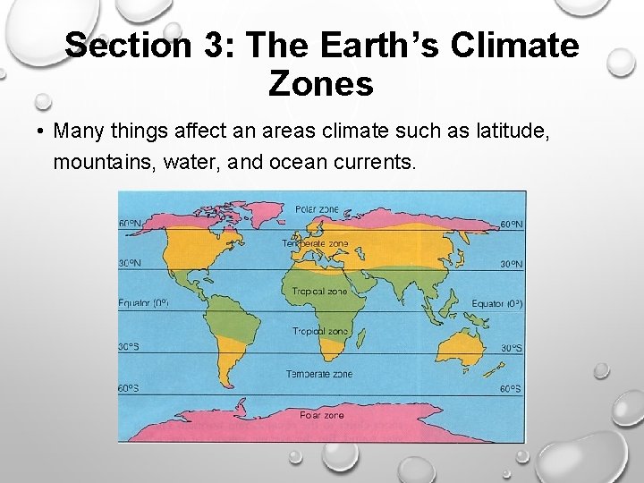 Section 3: The Earth’s Climate Zones • Many things affect an areas climate such