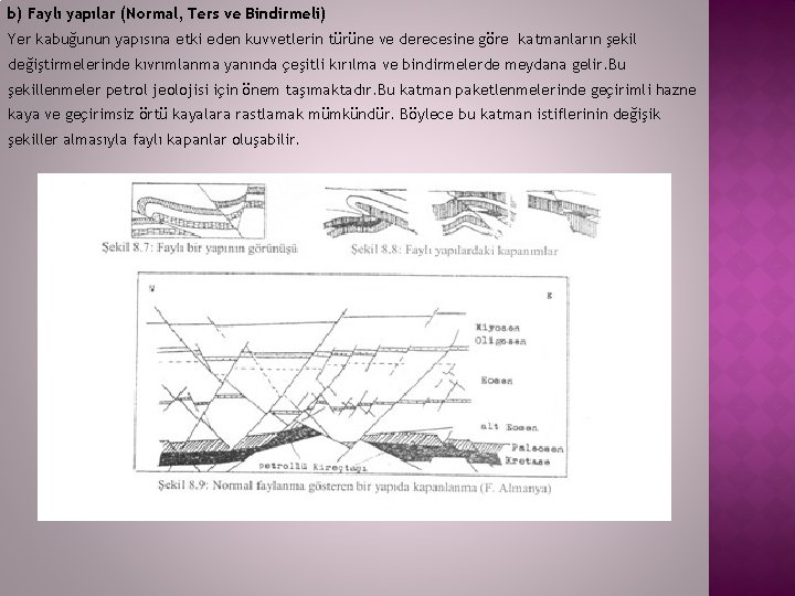 b) Faylı yapılar (Normal, Ters ve Bindirmeli) Yer kabuğunun yapısına etki eden kuvvetlerin türüne