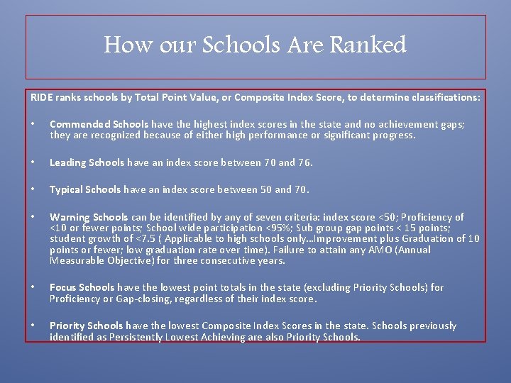 How our Schools Are Ranked RIDE ranks schools by Total Point Value, or Composite