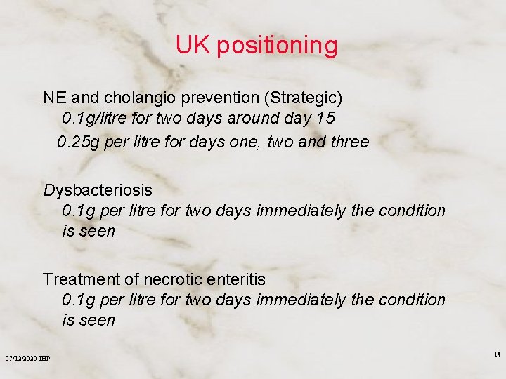 UK positioning NE and cholangio prevention (Strategic) 0. 1 g/litre for two days around