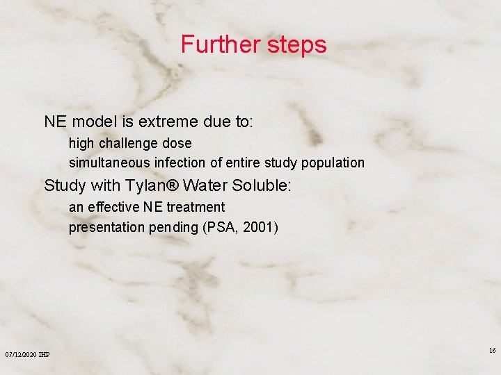 Further steps NE model is extreme due to: high challenge dose simultaneous infection of