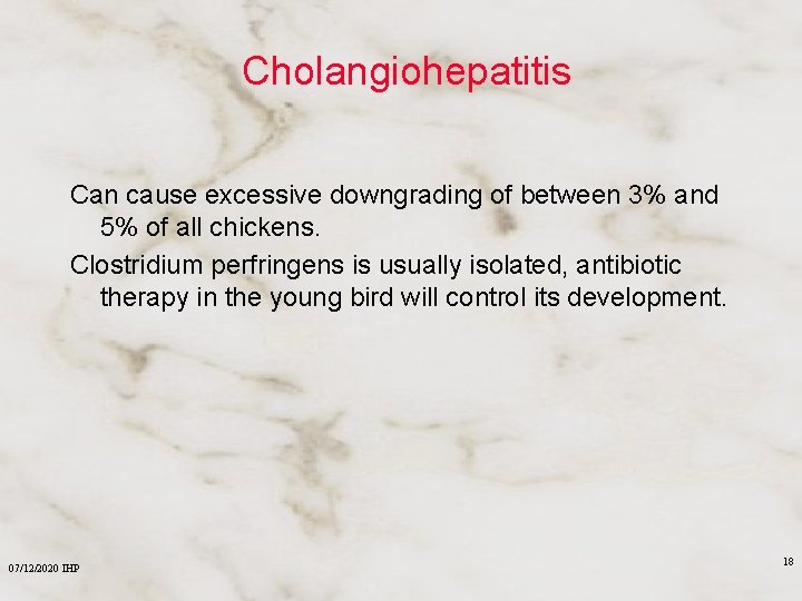 Cholangiohepatitis Can cause excessive downgrading of between 3% and 5% of all chickens. Clostridium