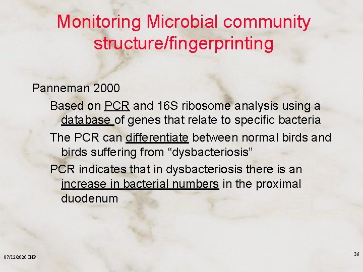 Monitoring Microbial community structure/fingerprinting Panneman 2000 Based on PCR and 16 S ribosome analysis