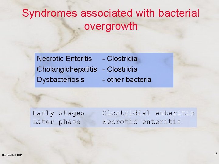 Syndromes associated with bacterial overgrowth Necrotic Enteritis - Clostridia Cholangiohepatitis - Clostridia Dysbacteriosis -