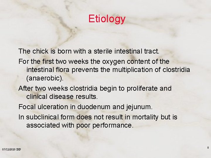 Etiology The chick is born with a sterile intestinal tract. For the first two