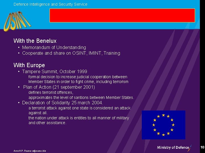Defence Intelligence and Security Service With the Benelux • Memorandum of Understanding • Cooperate