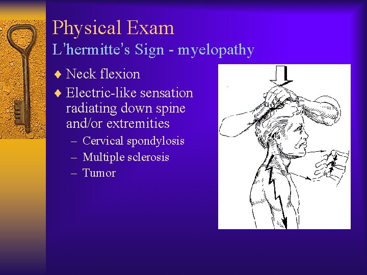 Physical Exam L’hermitte’s Sign - myelopathy ¨ Neck flexion ¨ Electric-like sensation radiating down