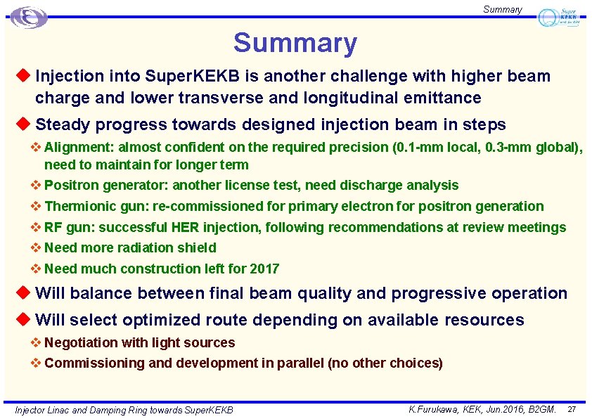 Summary u Injection into Super. KEKB is another challenge with higher beam charge and