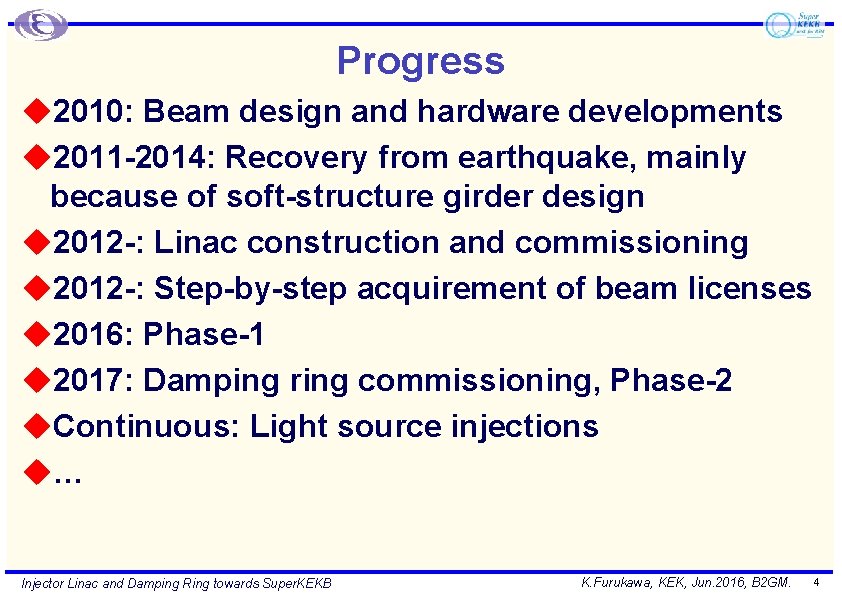 Progress u 2010: Beam design and hardware developments u 2011 -2014: Recovery from earthquake,