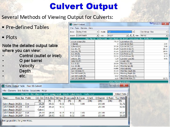 Culvert Output Several Methods of Viewing Output for Culverts: • Pre-defined Tables • Plots