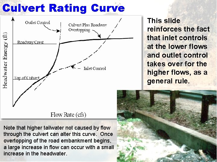 Culvert Rating Curve This slide reinforces the fact that inlet controls at the lower