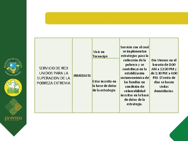 Servicio con el cual se implementan Vivir en estrategias para la Tocancipá reducción de