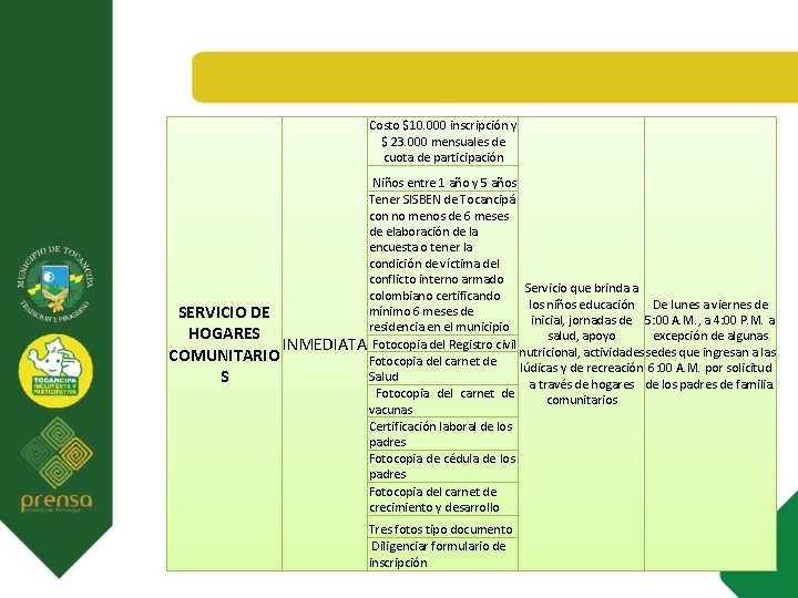 Costo $10. 000 inscripción y $ 23. 000 mensuales de cuota de participación Niños