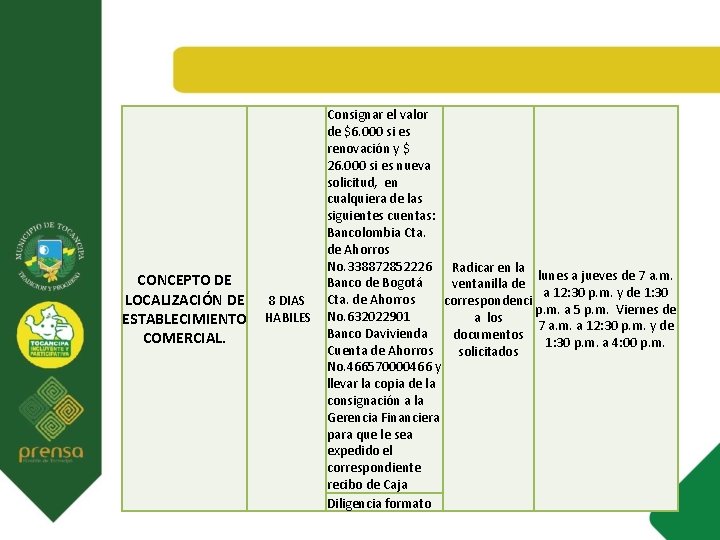 CONCEPTO DE LOCALIZACIÓN DE 8 DIAS ESTABLECIMIENTO HABILES COMERCIAL. Consignar el valor de $6.