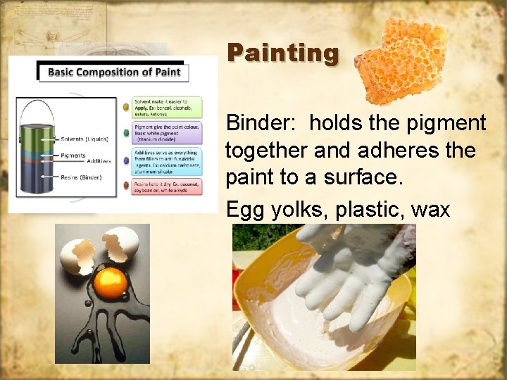 Painting Binder: holds the pigment together and adheres the paint to a surface. Egg