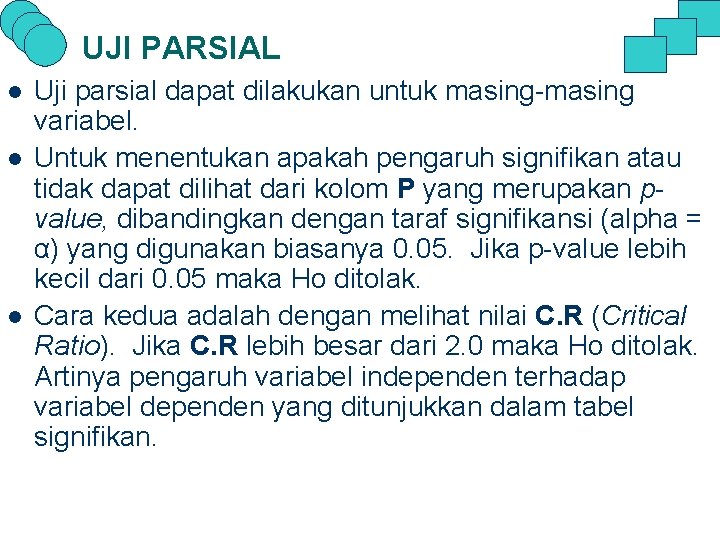 UJI PARSIAL l l l Uji parsial dapat dilakukan untuk masing-masing variabel. Untuk menentukan