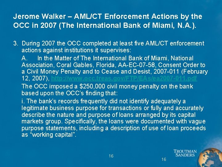 Jerome Walker – AML/CT Enforcement Actions by the OCC in 2007 (The International Bank