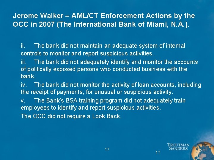 Jerome Walker – AML/CT Enforcement Actions by the OCC in 2007 (The International Bank