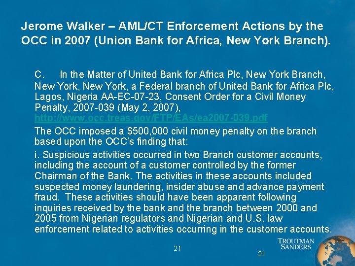 Jerome Walker – AML/CT Enforcement Actions by the OCC in 2007 (Union Bank for